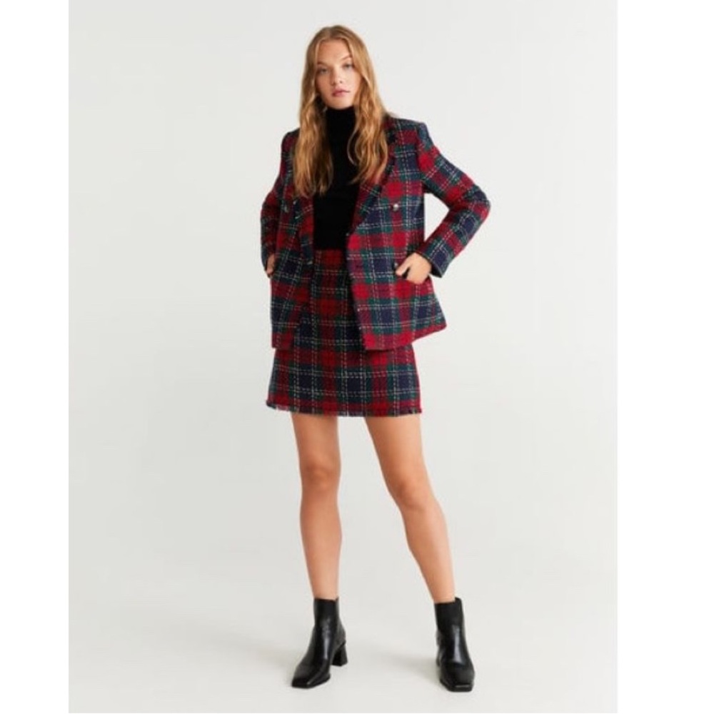Mango Red Tartan Tweed Skirt! Sz 6